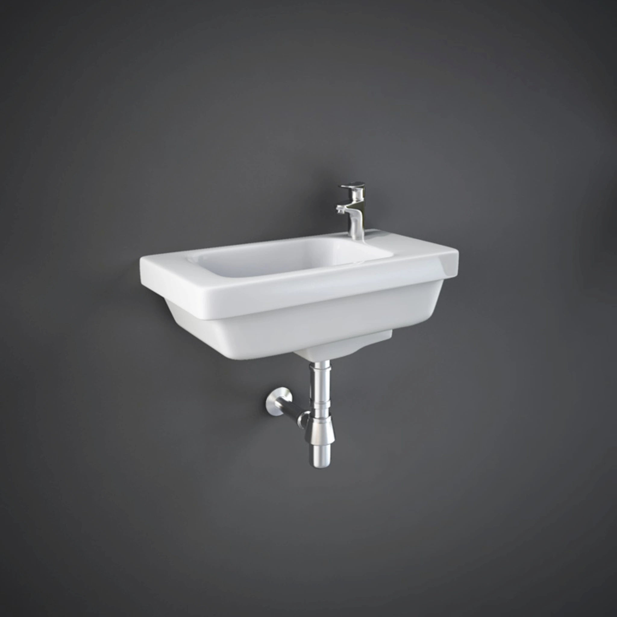 RAK Resort 45cm alpine white wall-mounted cloakroom wash basin with a single tap hole and overflow.