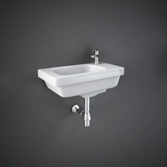 RAK Resort 45cm alpine white wall-mounted cloakroom wash basin with a single tap hole and overflow.