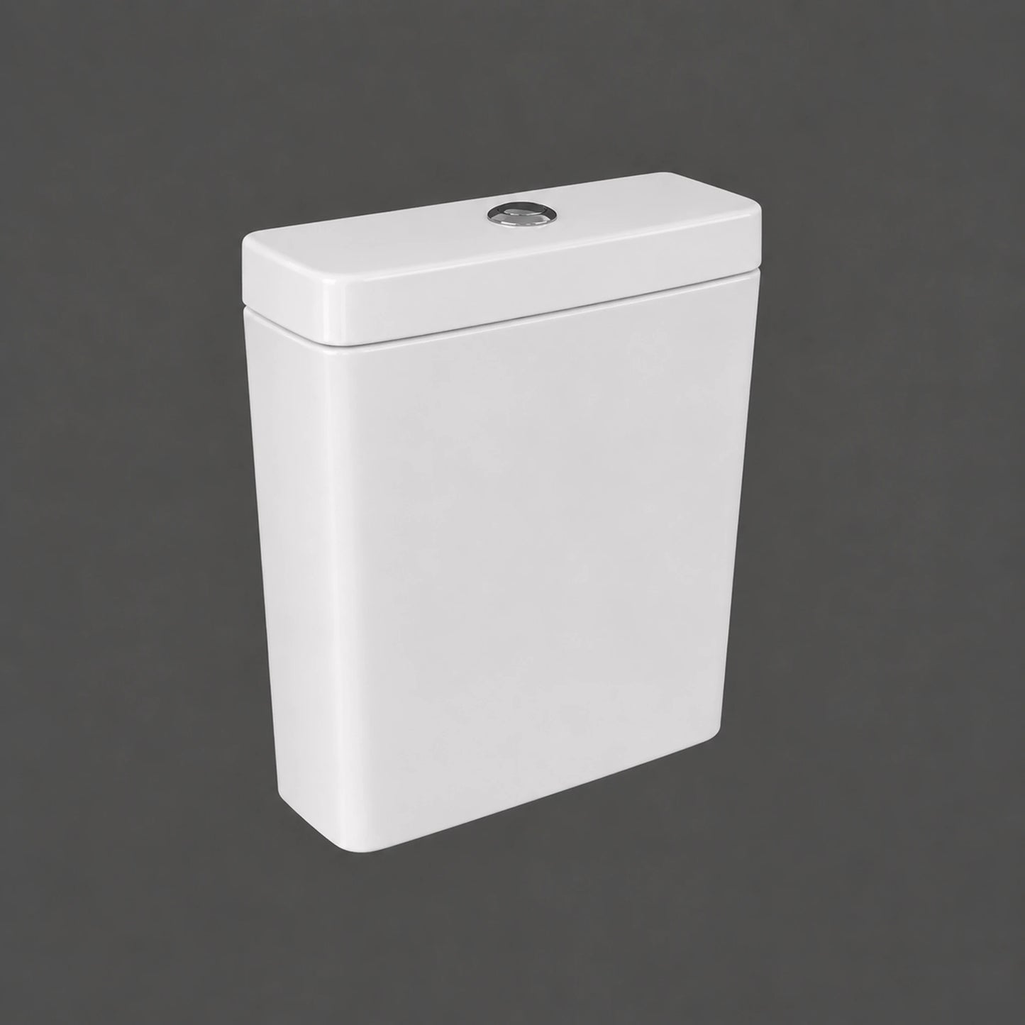RAK Ceramics Resort RST10AWHA white vitreous china flush tank featuring a dual flush top button and bottom inlet connection.