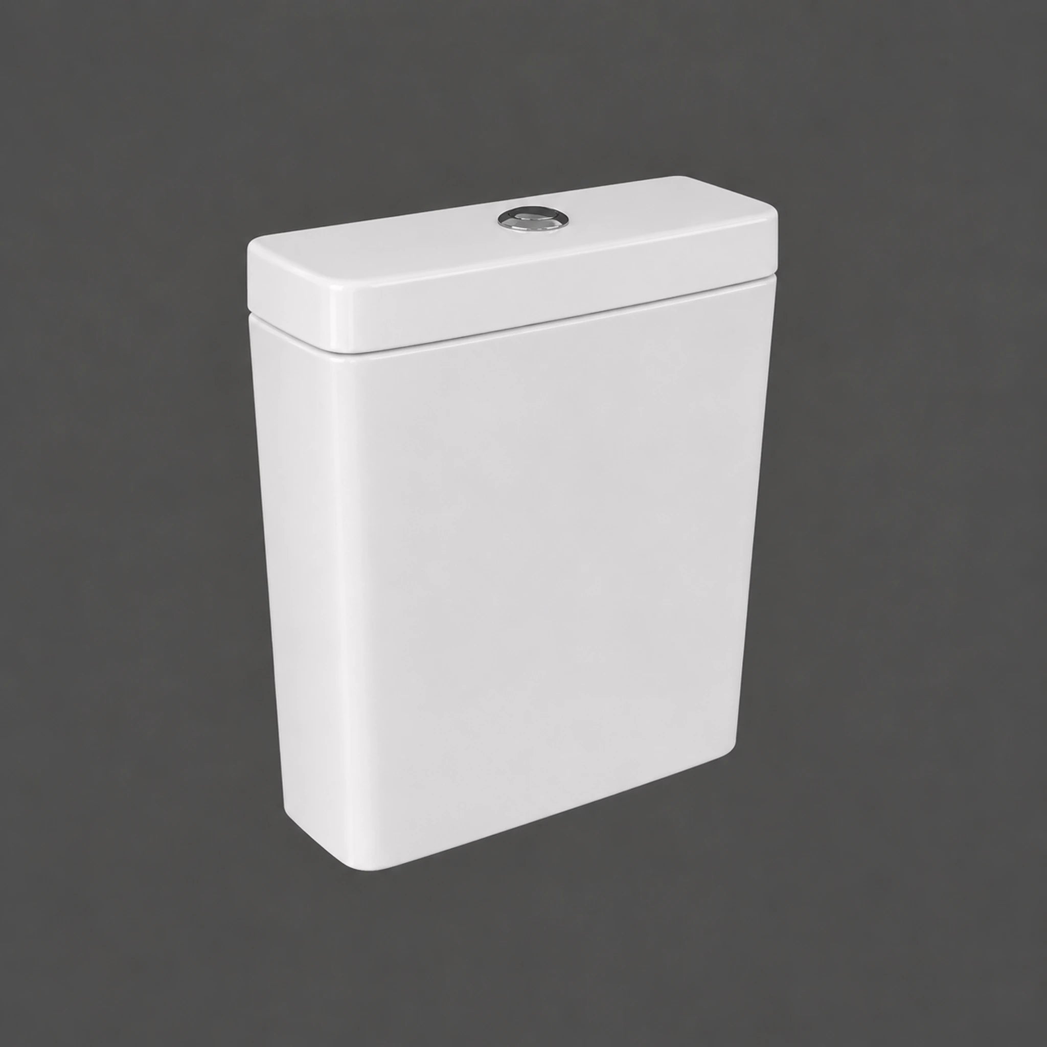 RAK Ceramics Resort RST10AWHA white vitreous china flush tank featuring a dual flush top button and bottom inlet connection.