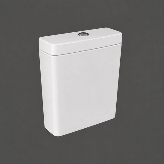 RAK Ceramics Resort RST10AWHA white vitreous china flush tank featuring a dual flush top button and bottom inlet connection.