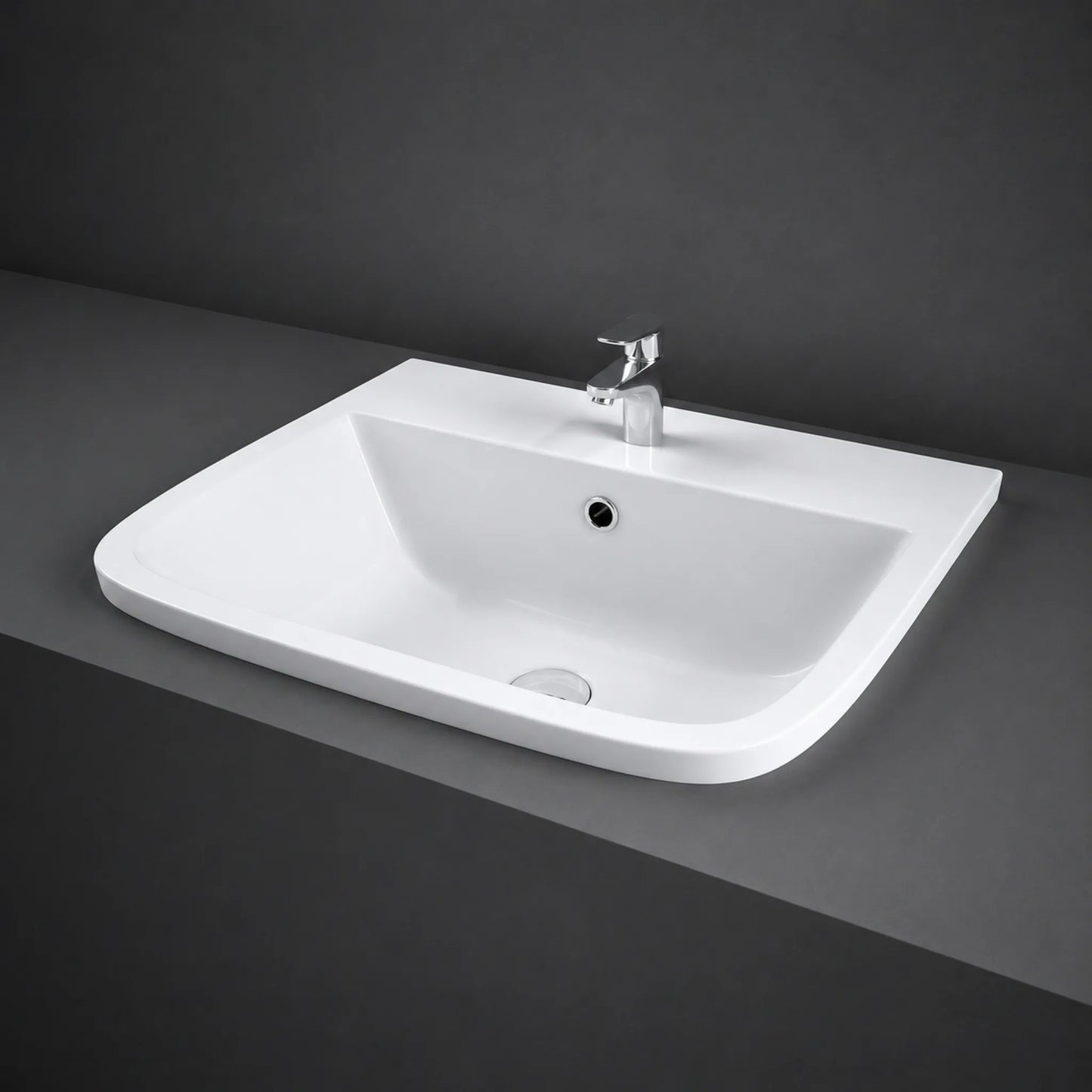RAK Series 600 50cm white inset vanity basin showcasing a modern square shape, pre-drilled single tap hole, and integrated overflow.