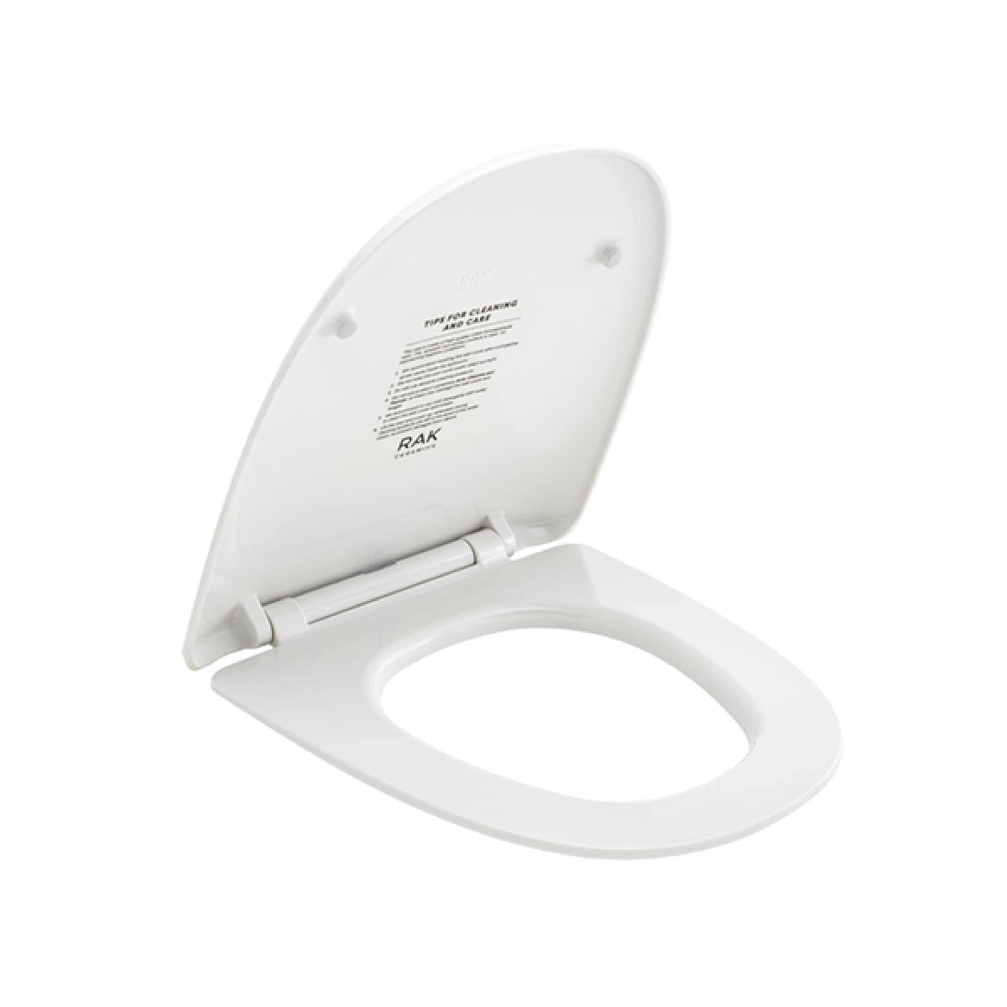 RAK Ceramics Illusion series oval-shaped matt white urea toilet seat cover, opened view from side to highlight its sleek, modern profile.