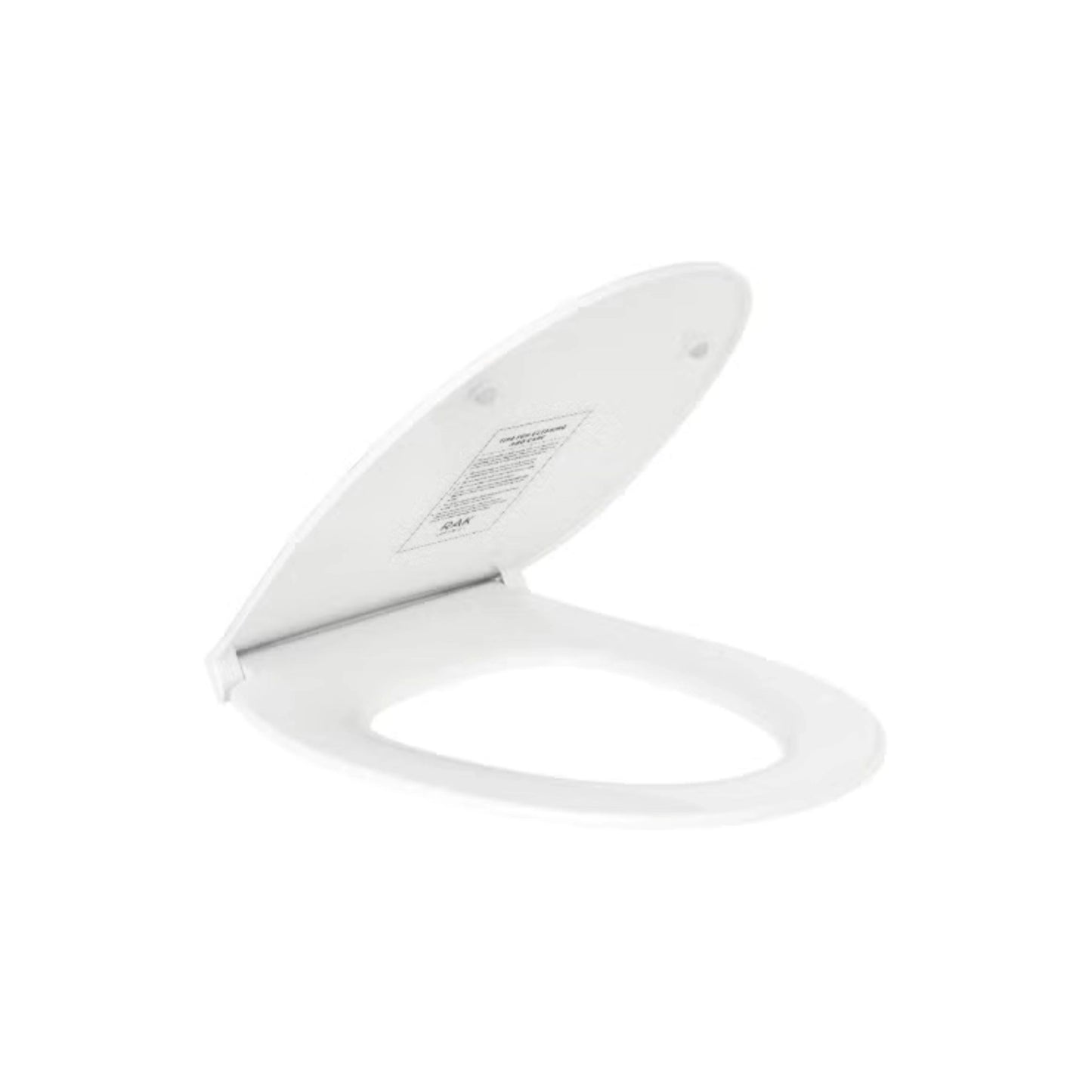 RAK Ceramics Karla Deluxe white toilet seat cover made from high-quality ABS, opened view showcasing its wrap-over design and quick-release hinge system.