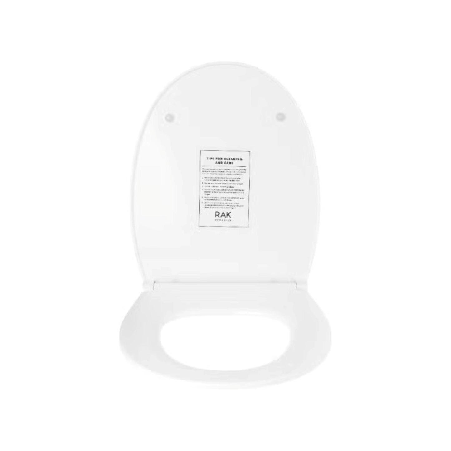 RAK Ceramics Karla Deluxe white toilet seat cover made from high-quality ABS, showcasing its wrap-over design and quick-release hinge system, front opened view.
