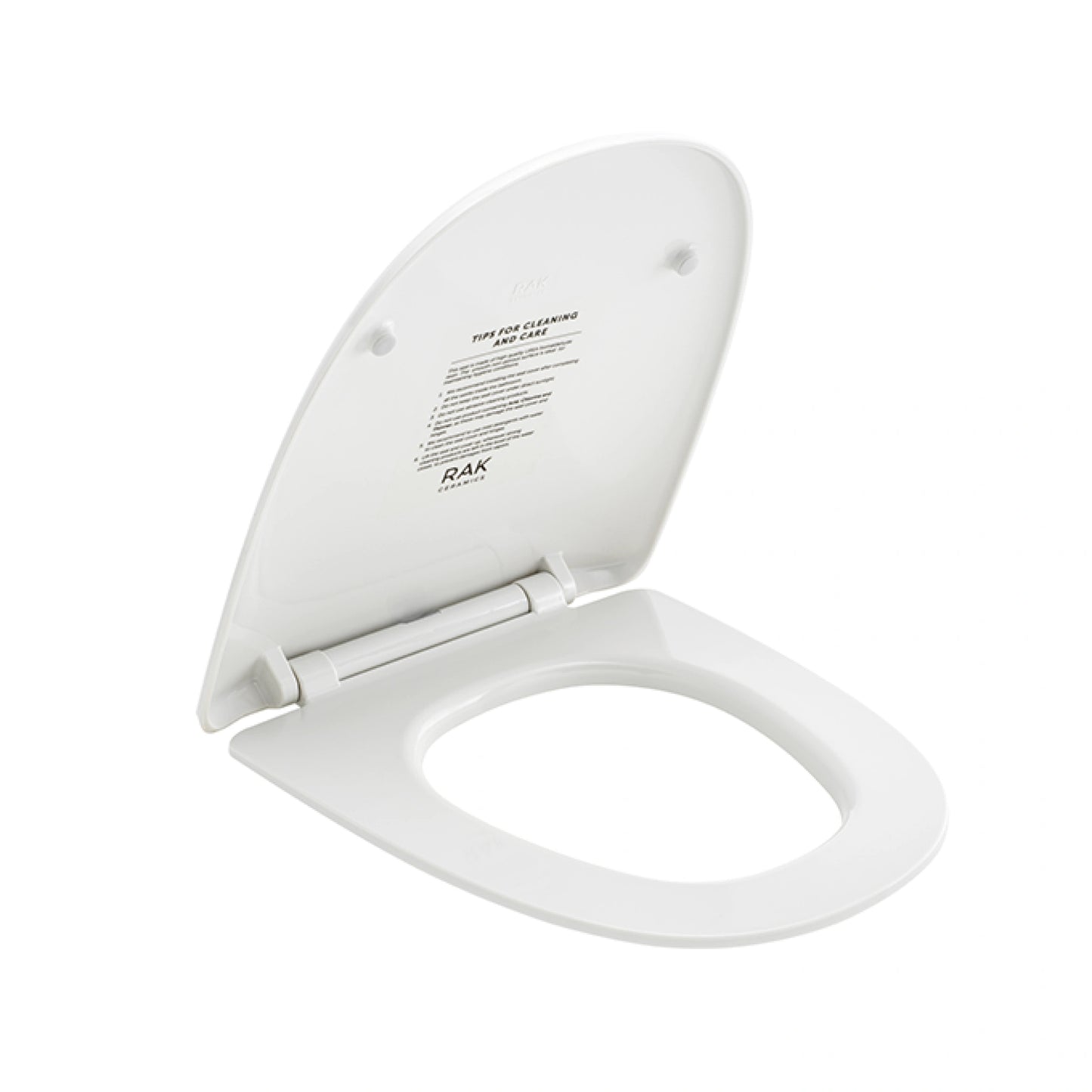 RAK Ceramics Sensation series round white urea toilet seat cover opened view, viewed from an elevated angle to showcase its clean, minimalist design.