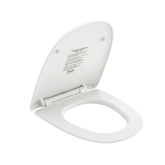 RAK Ceramics Sensation series round white urea toilet seat cover opened view, viewed from an elevated angle to showcase its clean, minimalist design.