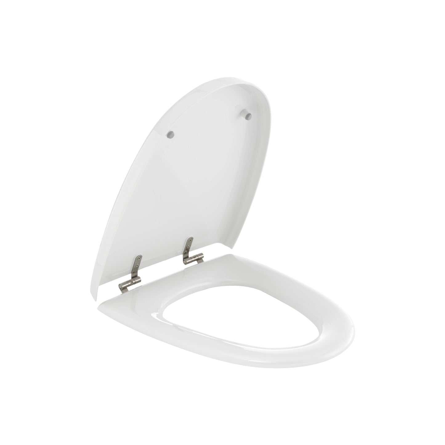 RAK Ceramics Venice DLX wrap-over opened toilet seat and cover in a glossy white finish, showcasing its sturdy construction and classic rounded profile.