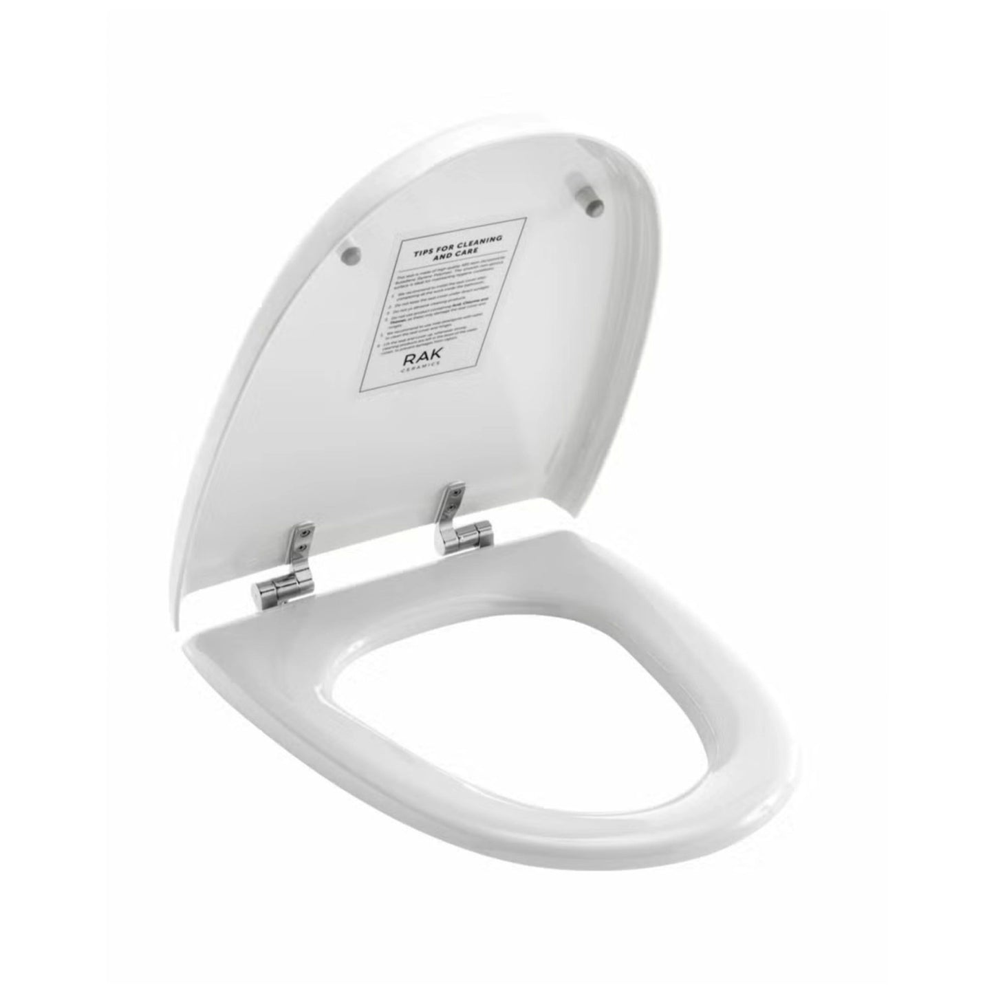 RAK Ceramics Venice DLX round toilet seat cover in glossy white, highlighting the durable ABS material and integrated soft-close hinge system in an opened view.