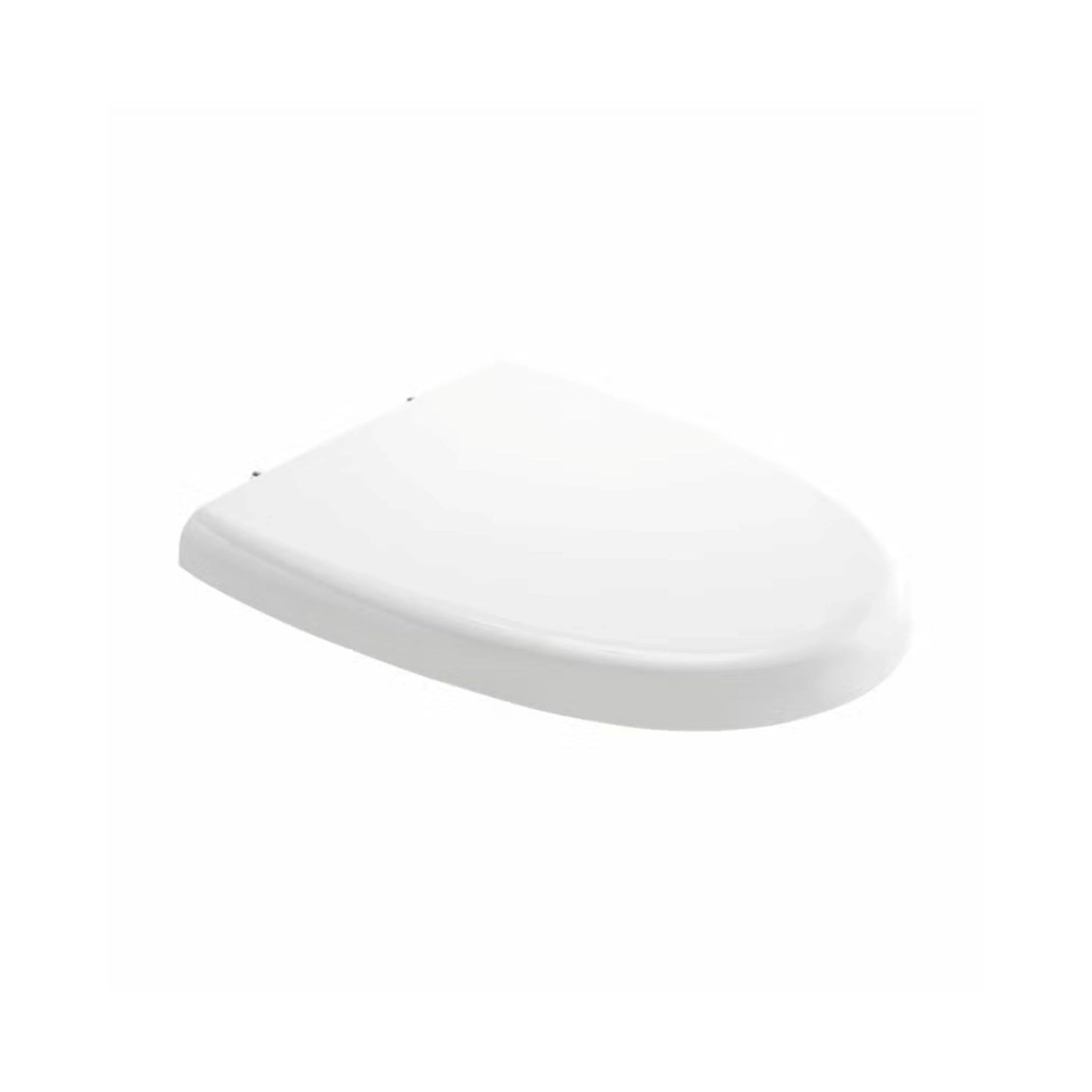 RAK Ceramics Venice DLX round toilet seat cover in glossy white, highlighting the durable ABS material and integrated soft-close hinge system.