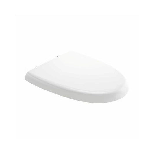 RAK Ceramics Venice DLX round toilet seat cover in glossy white, highlighting the durable ABS material and integrated soft-close hinge system.
