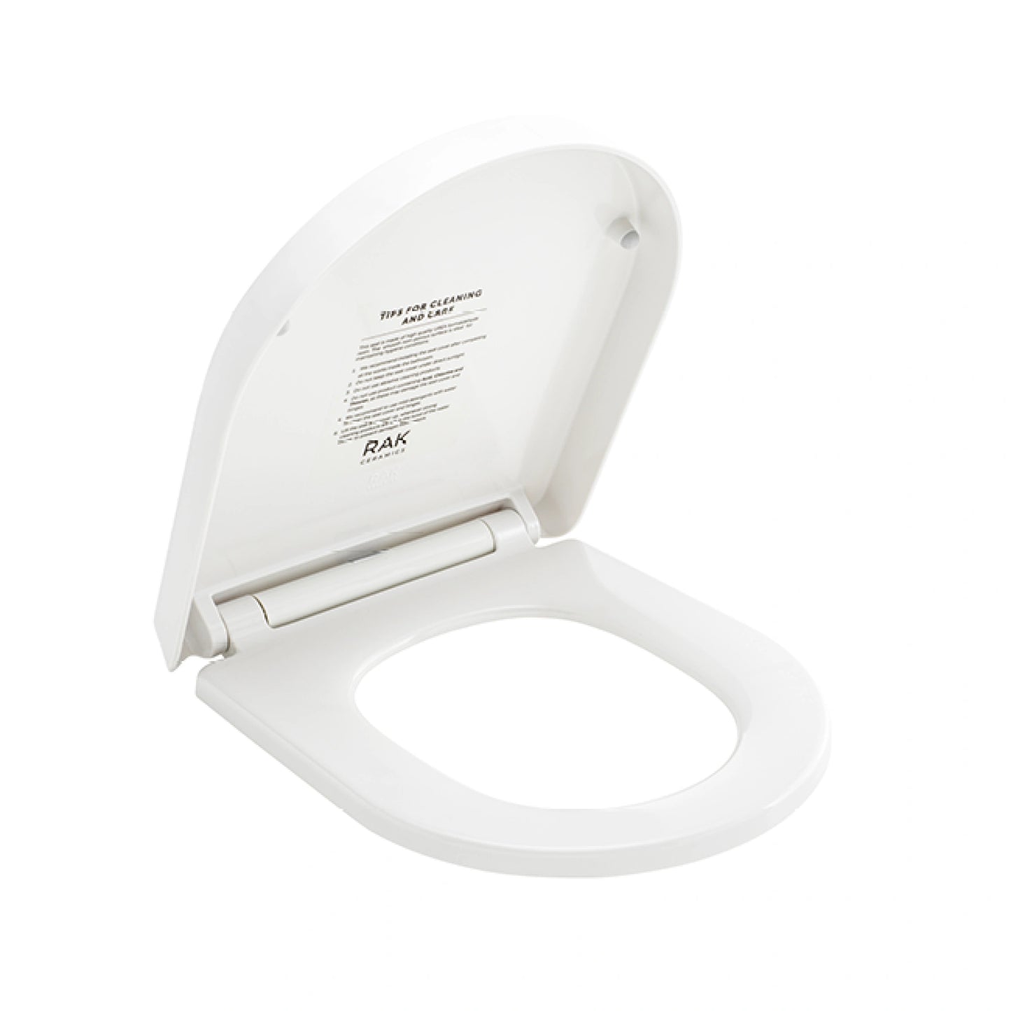 RAK Ceramics Resort series round urea toilet seat cover in white, opened view from a side angle to showcase its clean, ergonomic design.