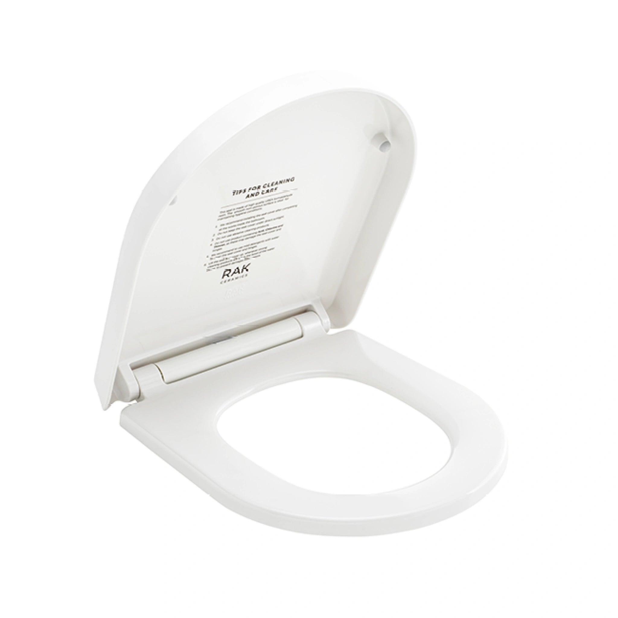 RAK Ceramics Resort series round urea toilet seat cover in white, opened view from a side angle to showcase its clean, ergonomic design.