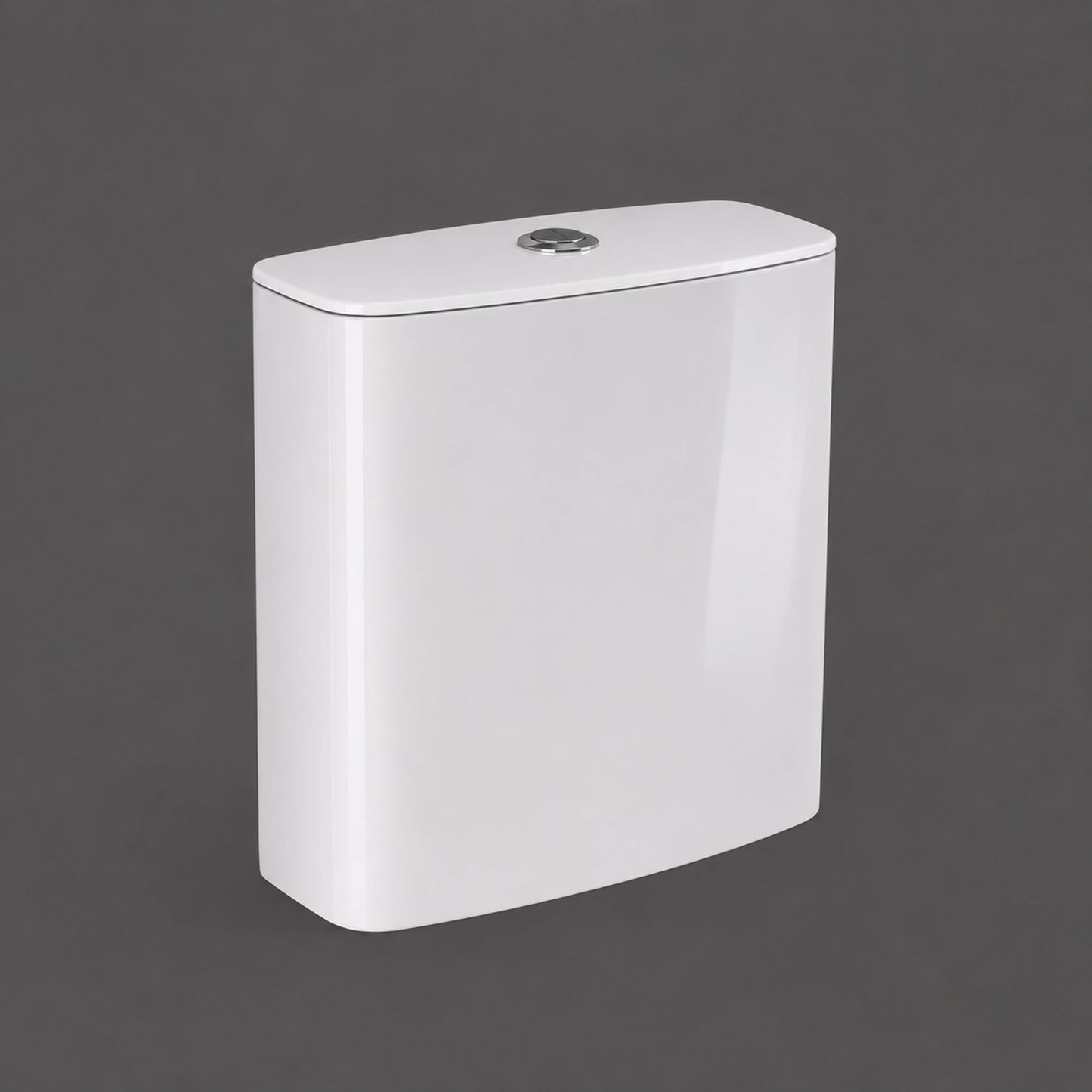 RAK-Sensation SENWT1800AWHA alpine white vitreous china flush tank with bottom inlet and chrome dual flush button.