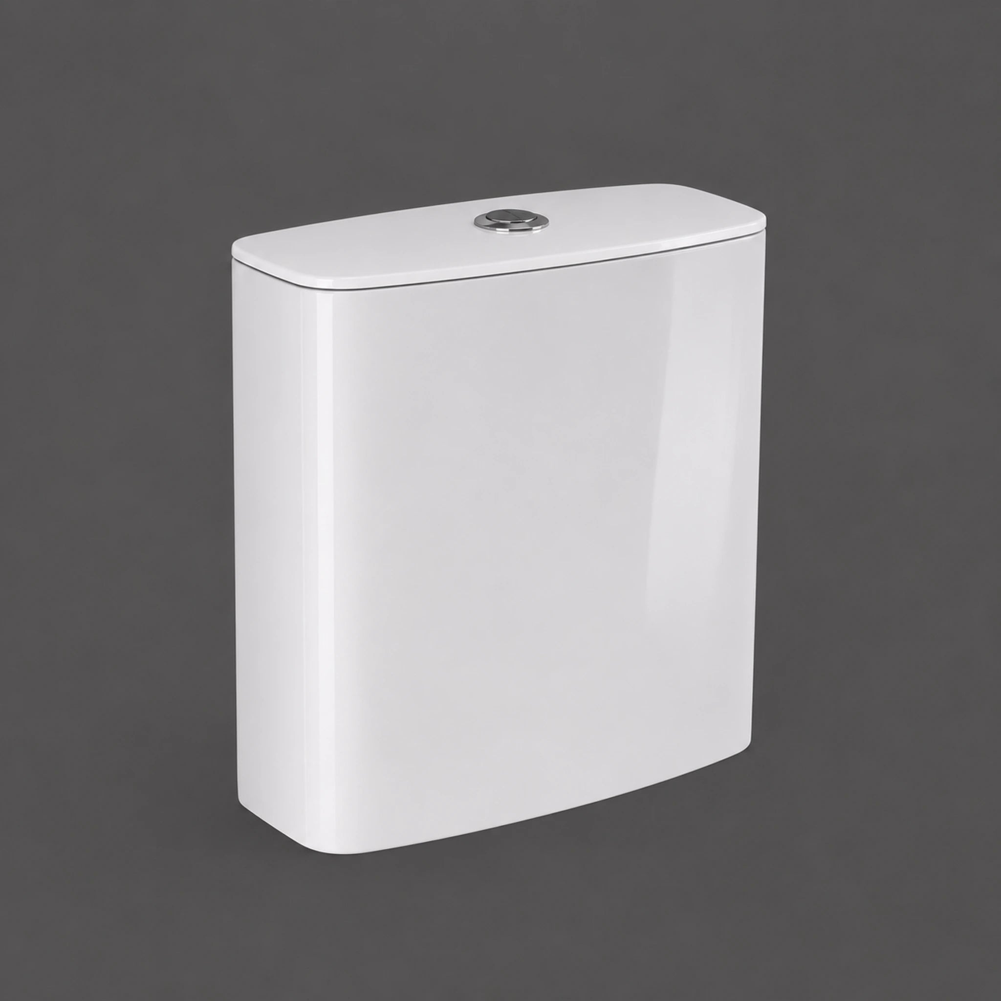 RAK-Sensation SENWT1800AWHA alpine white vitreous china flush tank with bottom inlet and chrome dual flush button.