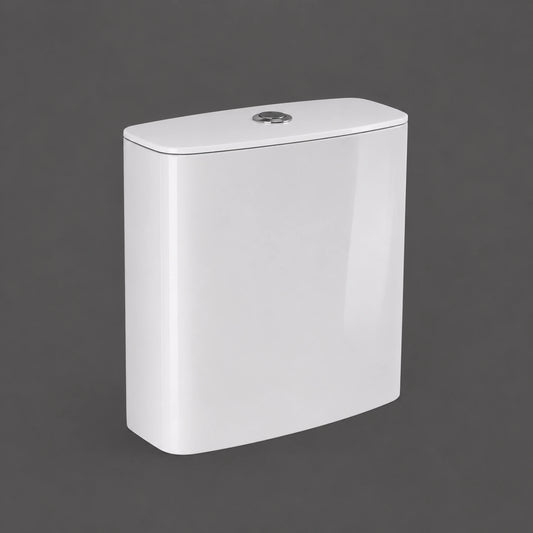 RAK-Sensation SENWT1800AWHA alpine white vitreous china flush tank with bottom inlet and chrome dual flush button.