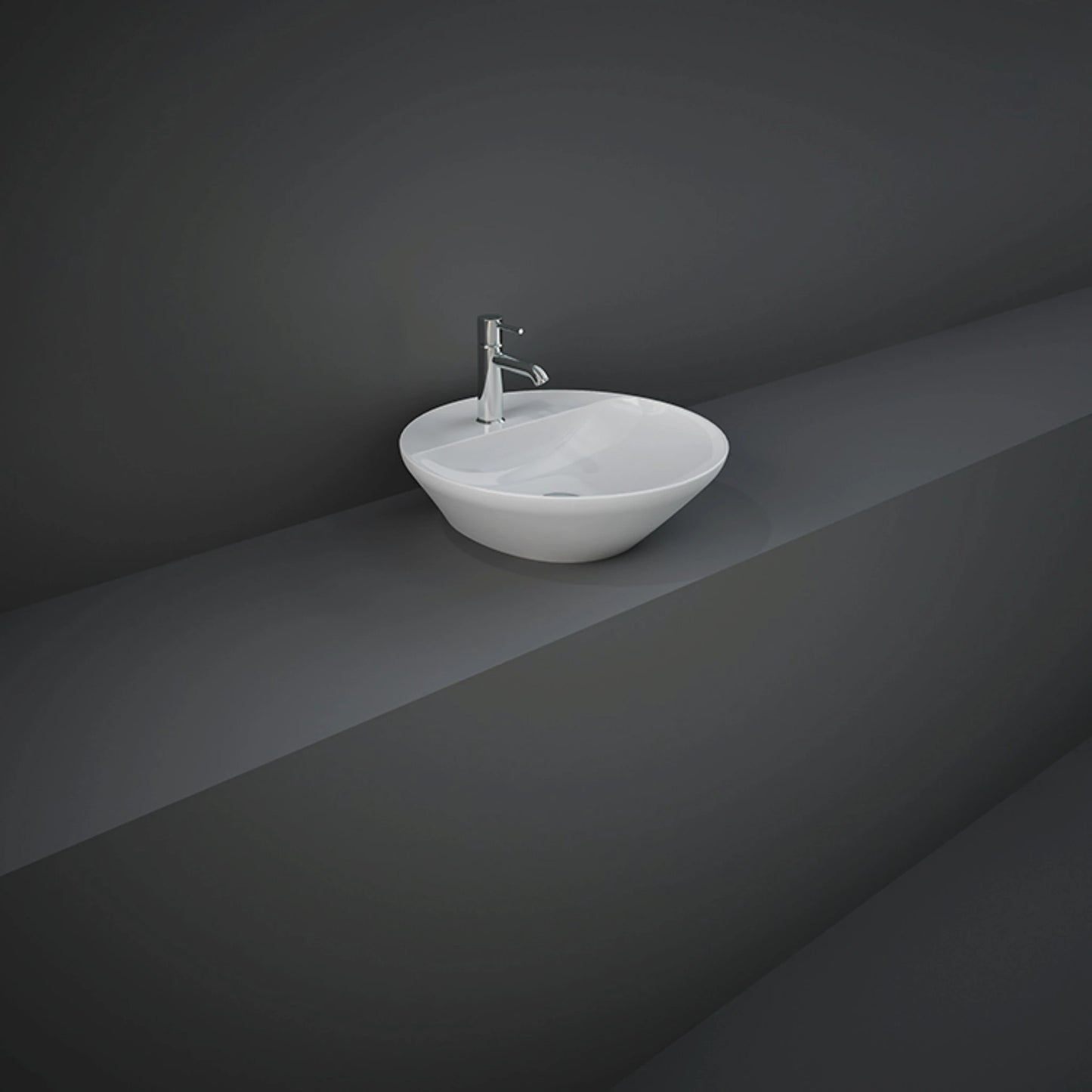 RAK-Variant 42cm round counter top wash basin in smooth Alpine White, featuring a slim rim and an integrated single tap hole deck.