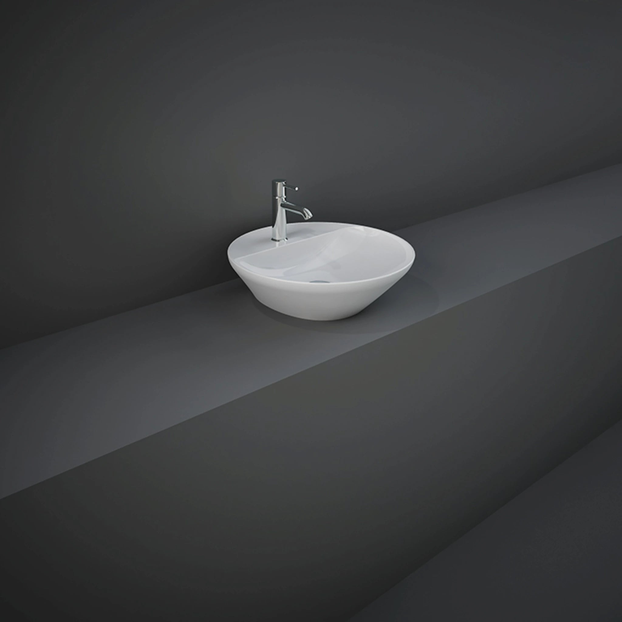 RAK-Variant 42cm round counter top wash basin in smooth Alpine White, featuring a slim rim and an integrated single tap hole deck.