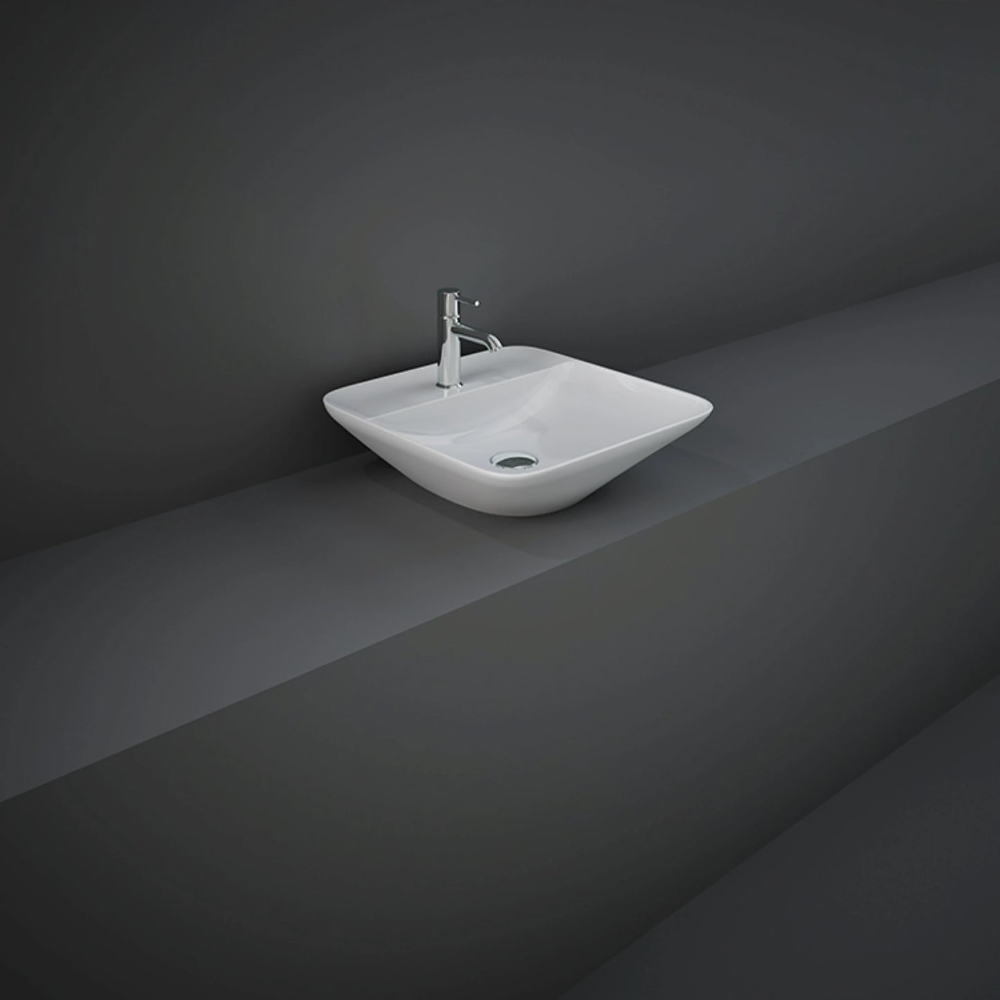 RAK-Variant 42cm squared counter top wash basin in smooth Alpine White finish, highlighting its sharp geometric rim and pre-drilled single tap hole tap deck.