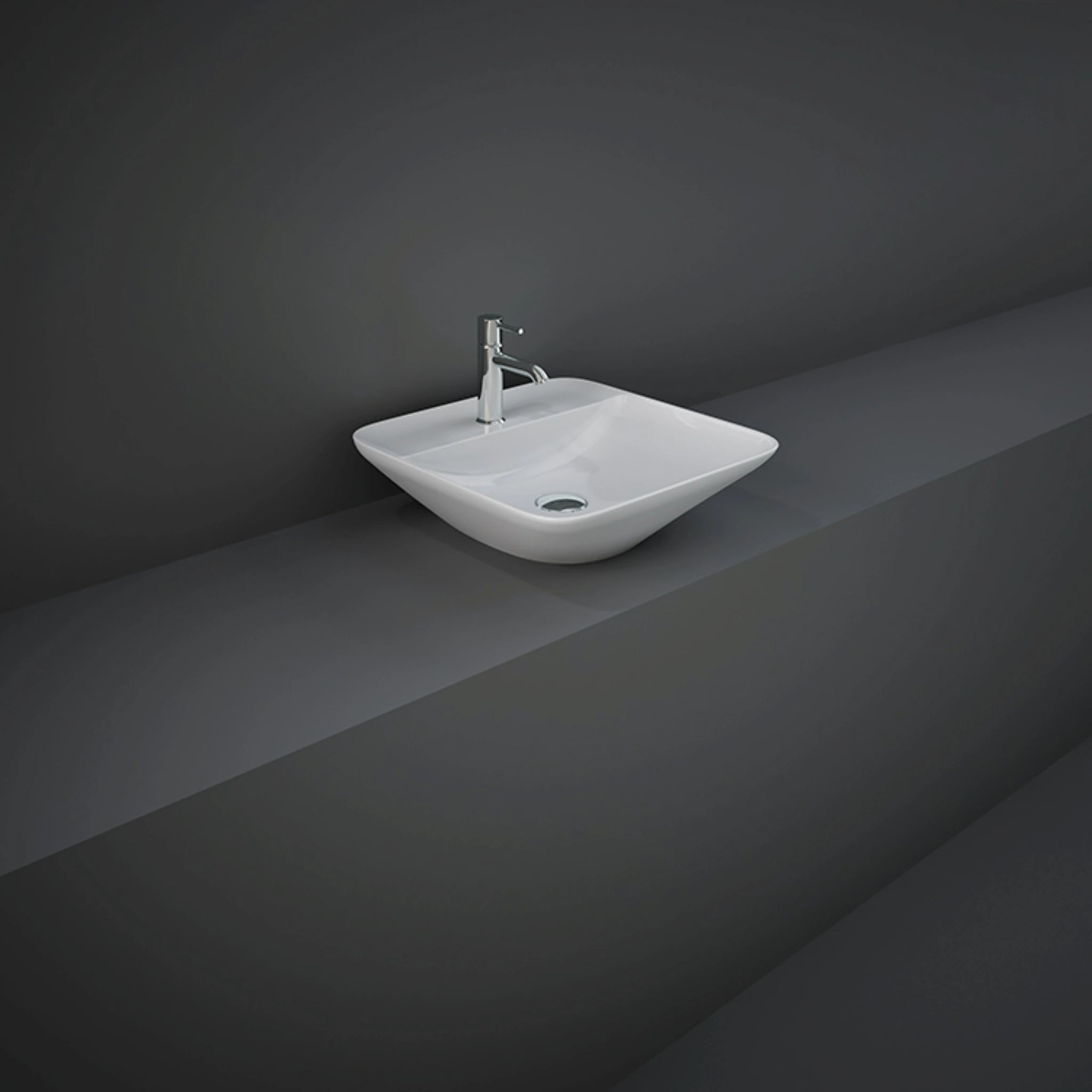 RAK-Variant 42cm squared counter top wash basin in smooth Alpine White finish, highlighting its sharp geometric rim and pre-drilled single tap hole tap deck.