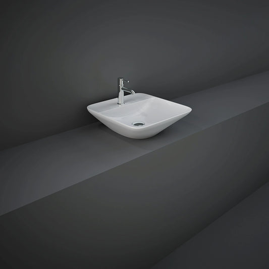 RAK-Variant 42cm squared counter top wash basin in smooth Alpine White finish, highlighting its sharp geometric rim and pre-drilled single tap hole tap deck.
