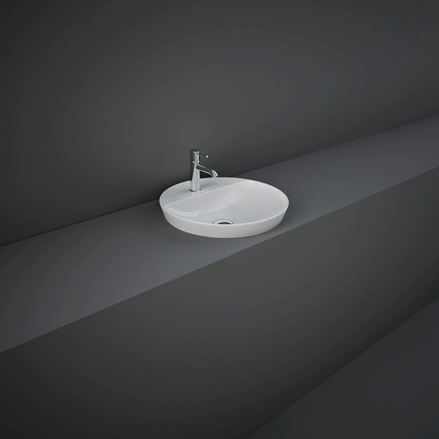 RAK-Variant 42cm round drop-in wash basin in glossy Alpine White, showing its partially recessed profile and single tap hole ledge.