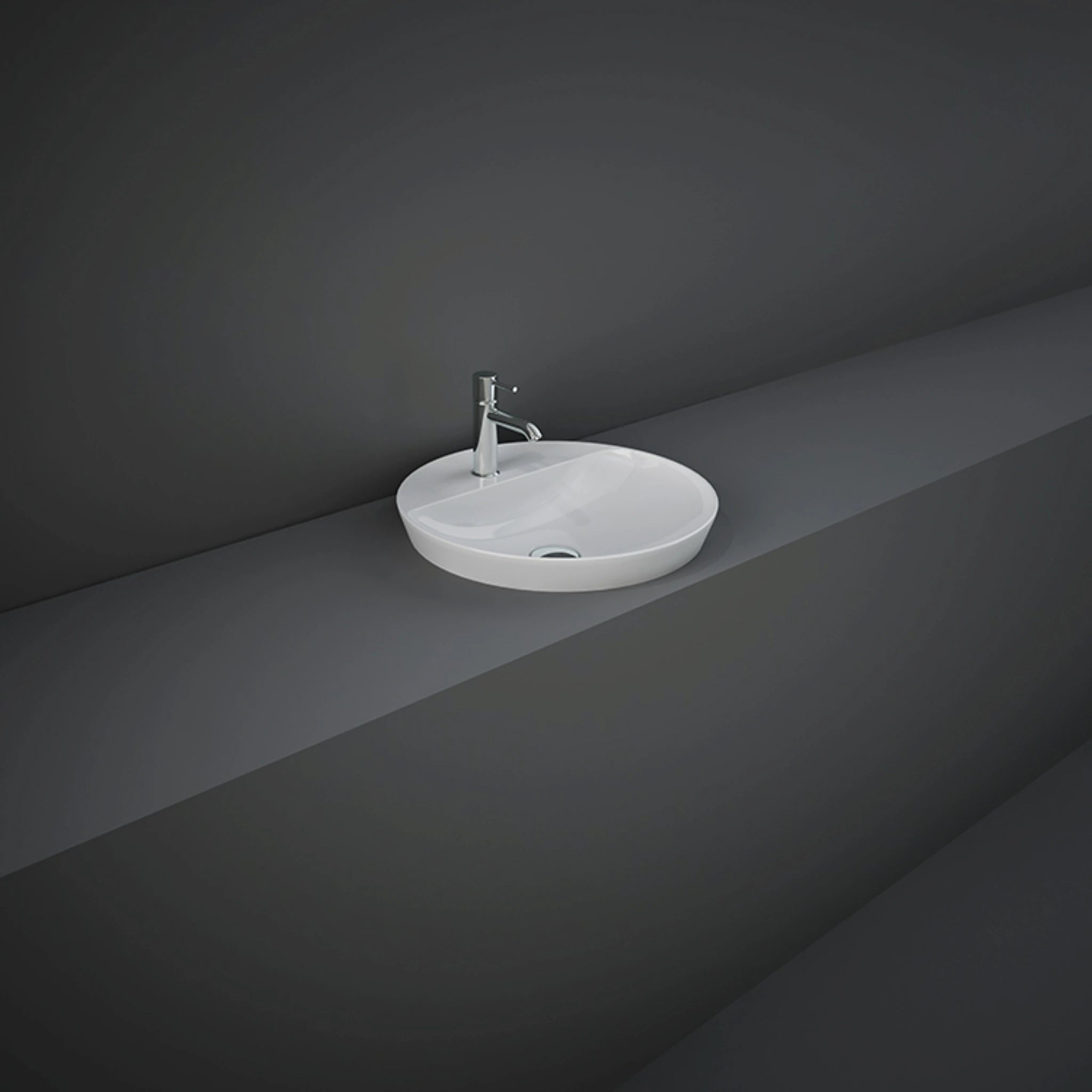 RAK-Variant 42cm round drop-in wash basin in glossy Alpine White, showing its partially recessed profile and single tap hole ledge.