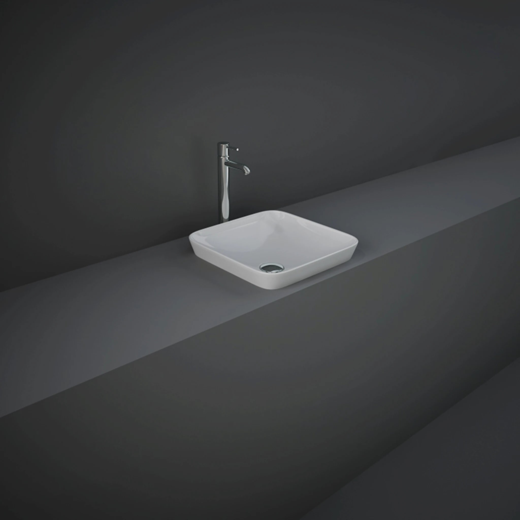 RAK-Variant 36cm squared drop-in wash basin in glossy Alpine White finish, showing its neat rimless internal bowl and recessed countertop silhouette.