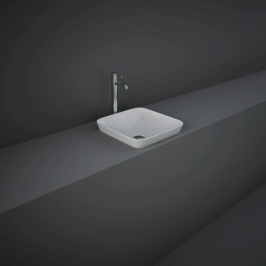RAK-Variant 36cm squared drop-in wash basin in glossy Alpine White finish, showing its neat rimless internal bowl and recessed countertop silhouette.