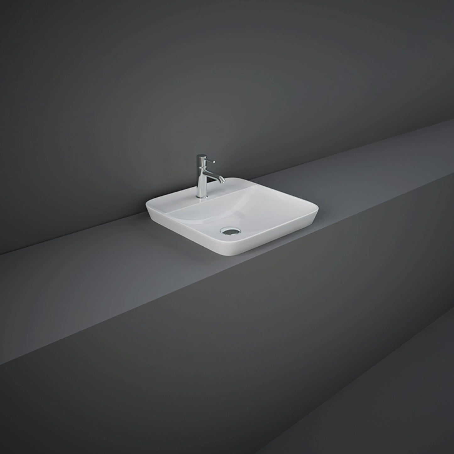 RAK-Variant 42cm squared drop-in wash basin in glossy Alpine White, showing its recessed profile and integrated single tap hole ledge.