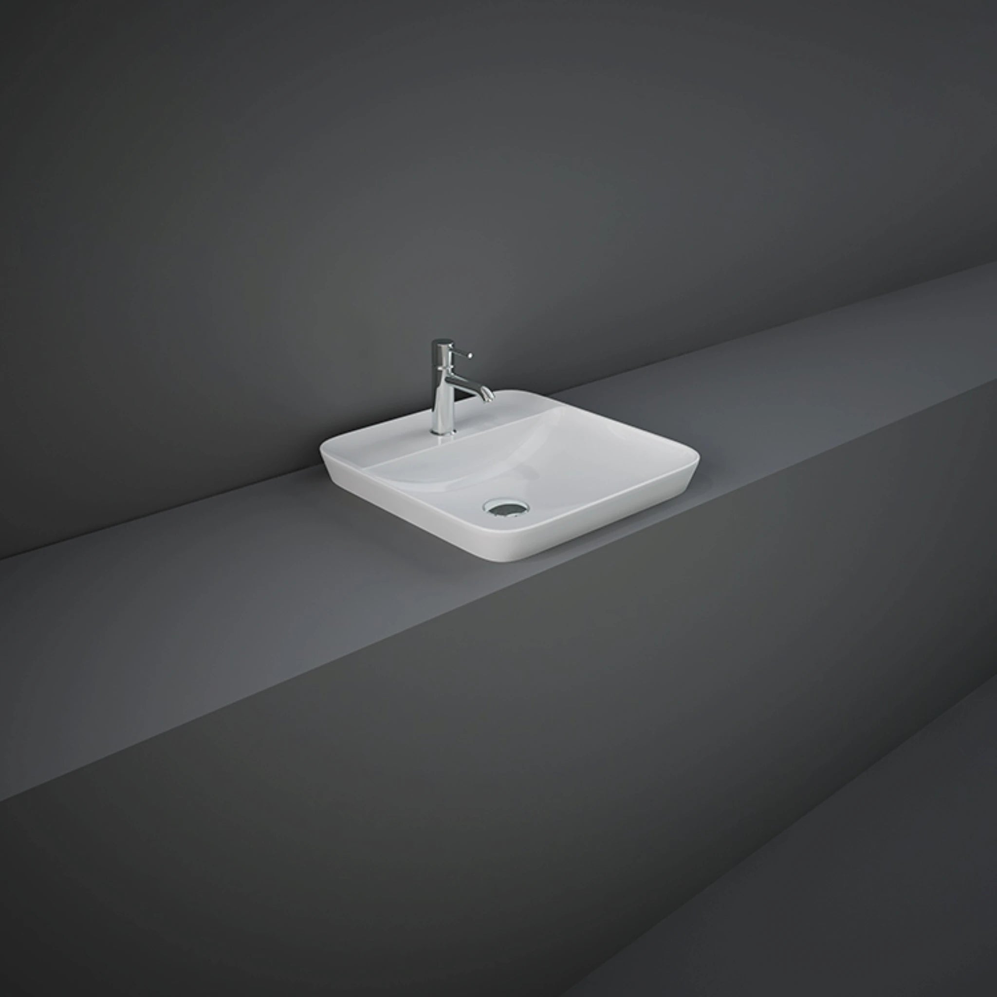 RAK-Variant 42cm squared drop-in wash basin in glossy Alpine White, showing its recessed profile and integrated single tap hole ledge.