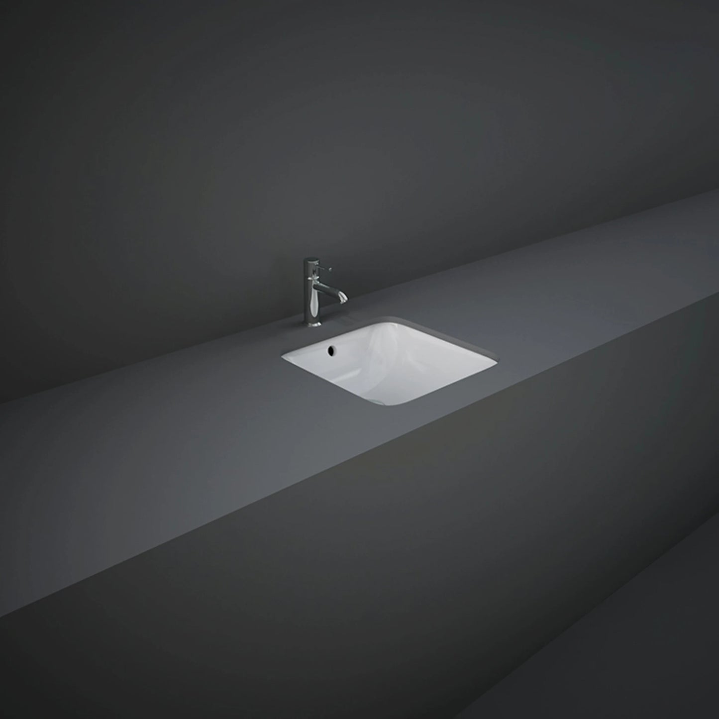 RAK-Variant 36cm squared under-counter wash basin in glossy Alpine White, showing its rimless interior bowl construction and hidden undermount design.