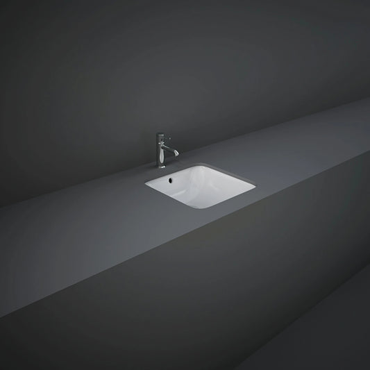 RAK-Variant 36cm squared under-counter wash basin in glossy Alpine White, showing its rimless interior bowl construction and hidden undermount design.
