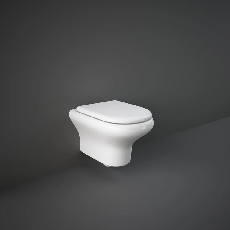 RAK Ceramics Compact CO27AWHA rimless wall hung water closet in Alpine White with hidden fixations and 52cm projection.
