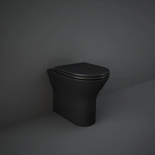 RAK-Resort RST19504A rimless back to wall water closet pan in Matt Black finish, 550mm oval design.