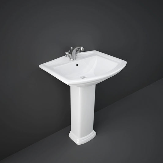 Front view of the 65cm RAK Ceramics Washington traditional wash basin in Alpine White, beautifully combined with its floor-standing full ceramic pedestal.