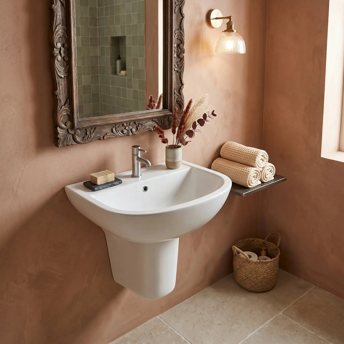 A rustic-modern bathroom featuring the RAK Compact half-pedestal wash basin mounted on a terracotta-colored wall, accompanied by an ornate wooden mirror and warm lighting.