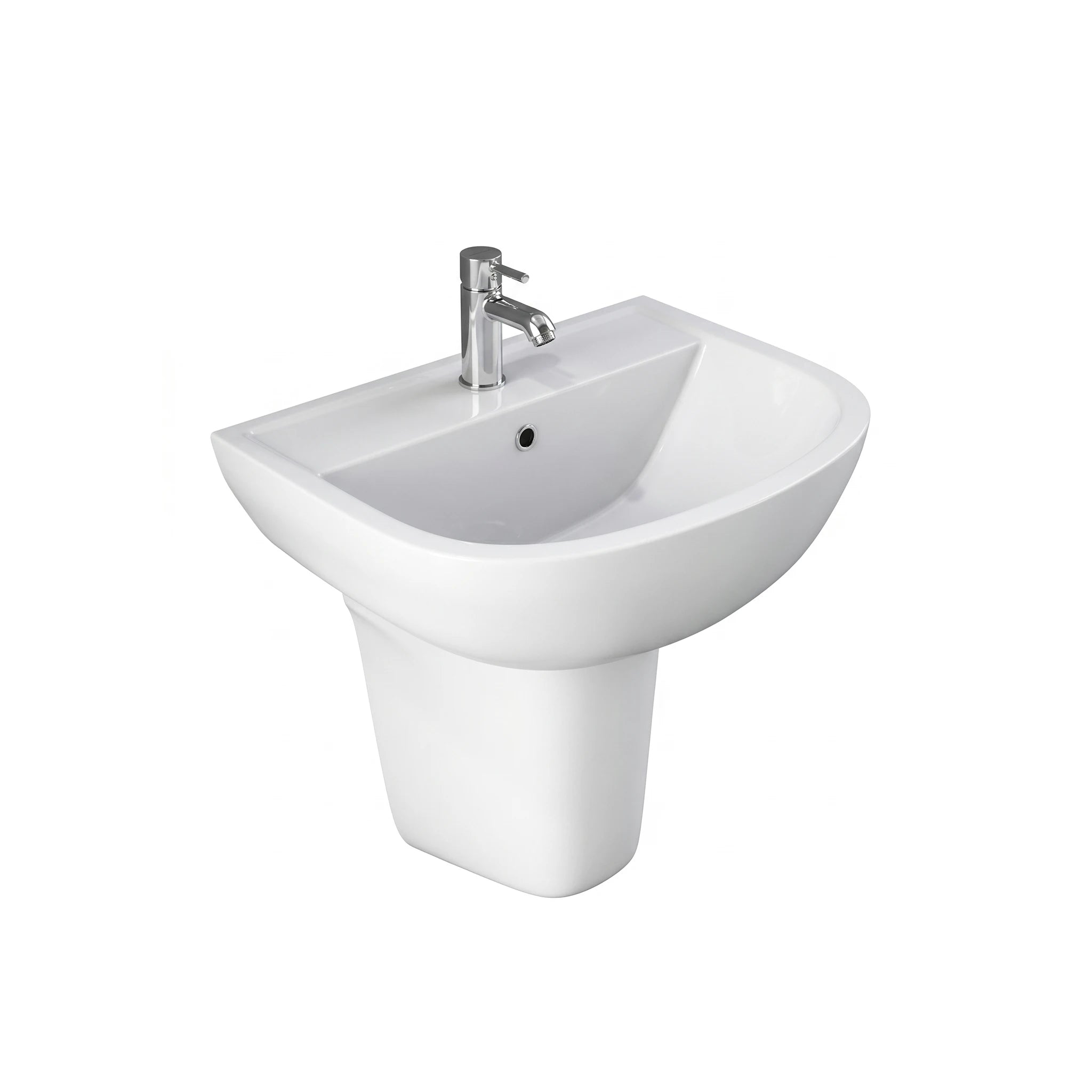 RAK Ceramics Compact 55cm wash basin in Alpine White with a matching half pedestal and a chrome-plated single lever mixer tap.