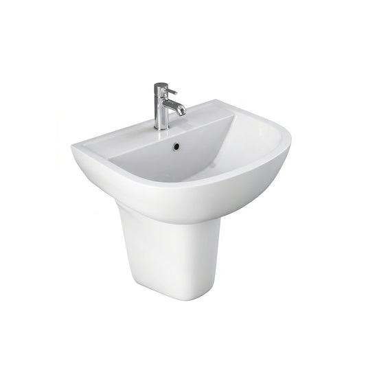 RAK Ceramics Compact 55cm wash basin in Alpine White with a matching half pedestal and a chrome-plated single lever mixer tap.