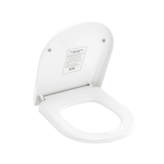 RAK Ceramics Jumeirah Deluxe series oval-shaped white ABS toilet seat cover opened view, viewed from above, highlighting its sleek and ergonomic design.