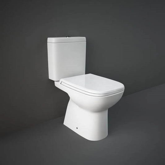 RAK Ceramics Origin close-coupled S-Trap toilet pan in Alpine White (ORG03AWHA) featuring a sleek rounded rectangle bowl and concealed trapway.