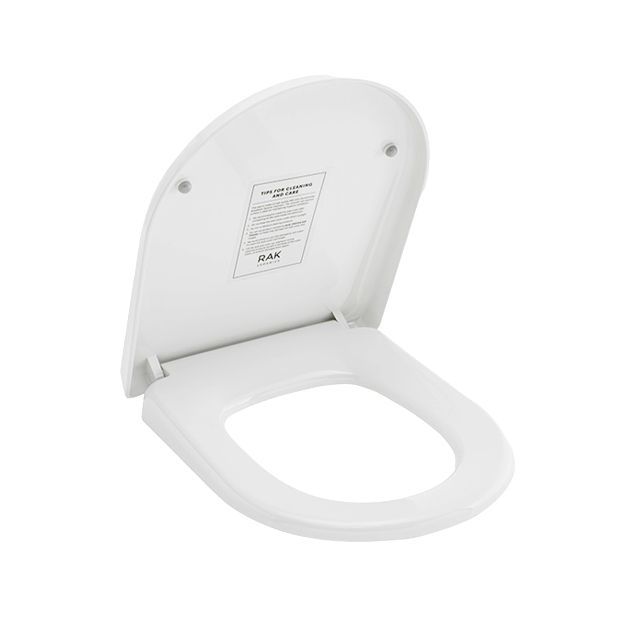 High-quality RAK Ceramics Jumeirah oval toilet seat cover in Alpine White, featuring an open lid and soft-close ABS construction.