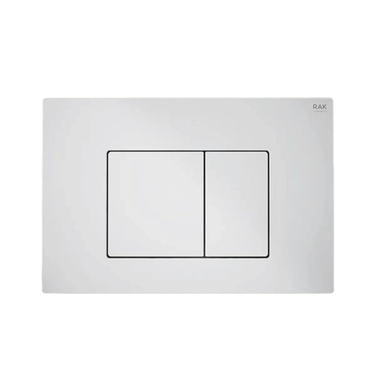 RAK-Neofix rectangular dual-flush push plate in a sleek white finish, featuring two distinct geometric buttons for water-saving flush options.