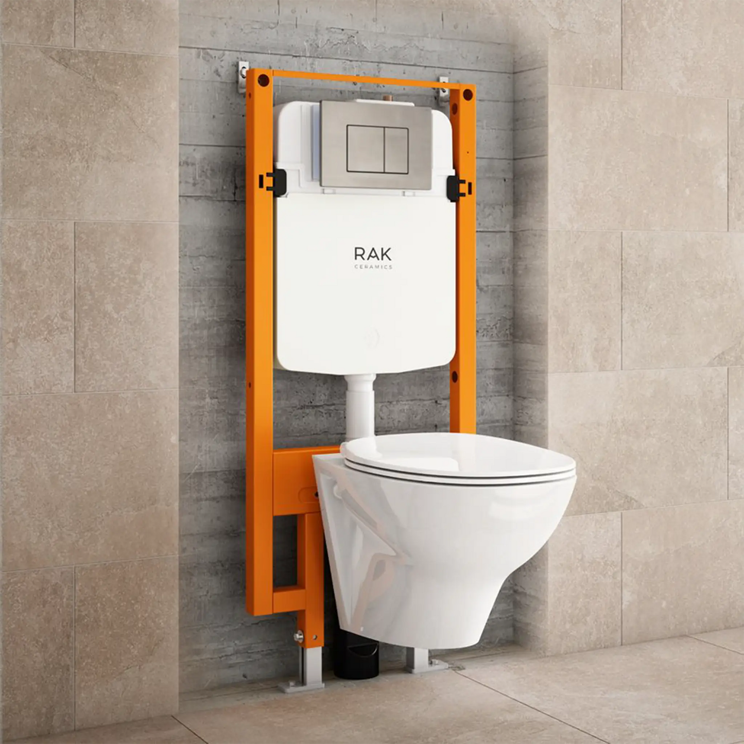 Technical 3D render of the RAK-Neofix concealed cistern installed within a wall niche, showing the orange mounting frame and cistern connected to a wall-hung white ceramic toilet.