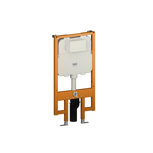 RAK-Neofix wall-hung concealed cistern featuring a slim 8 cm white tank housed within a sturdy, rectangular orange steel mounting frame for modern bathroom plumbing.