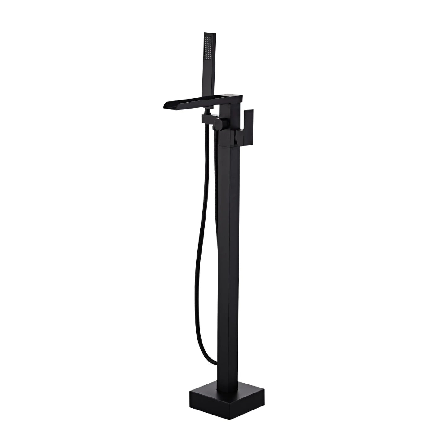 Sanitar ABRA-BTM floor-standing brass bath tub mixer in a modern matte black finish, featuring a flat waterfall spout, single-lever handle, and matching handheld shower.