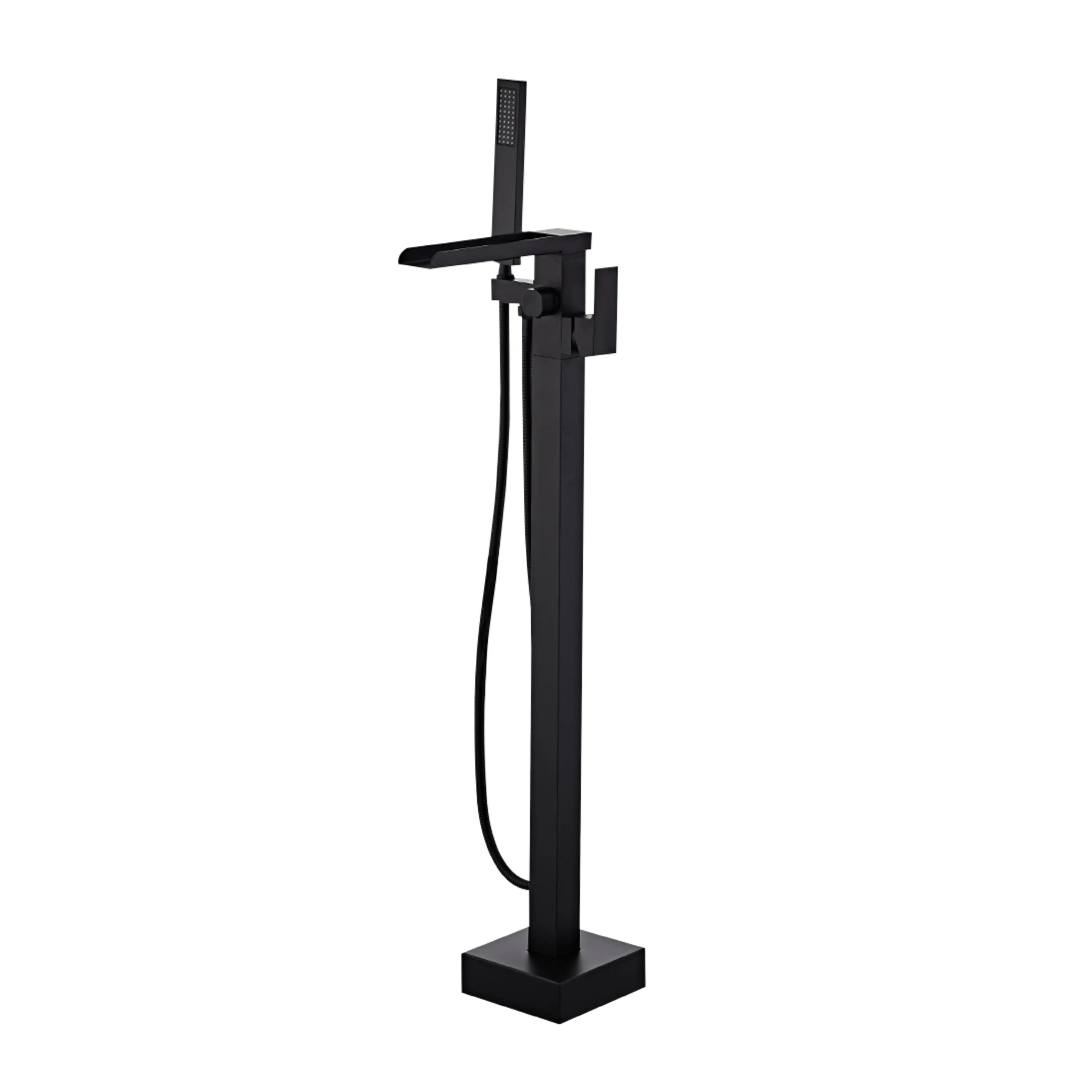 Sanitar ABRA-BTM floor-standing brass bath tub mixer in a modern matte black finish, featuring a flat waterfall spout, single-lever handle, and matching handheld shower.