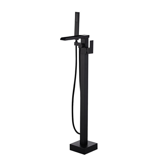 Sanitar ABRA-BTM floor-standing brass bath tub mixer in a modern matte black finish, featuring a flat waterfall spout, single-lever handle, and matching handheld shower.
