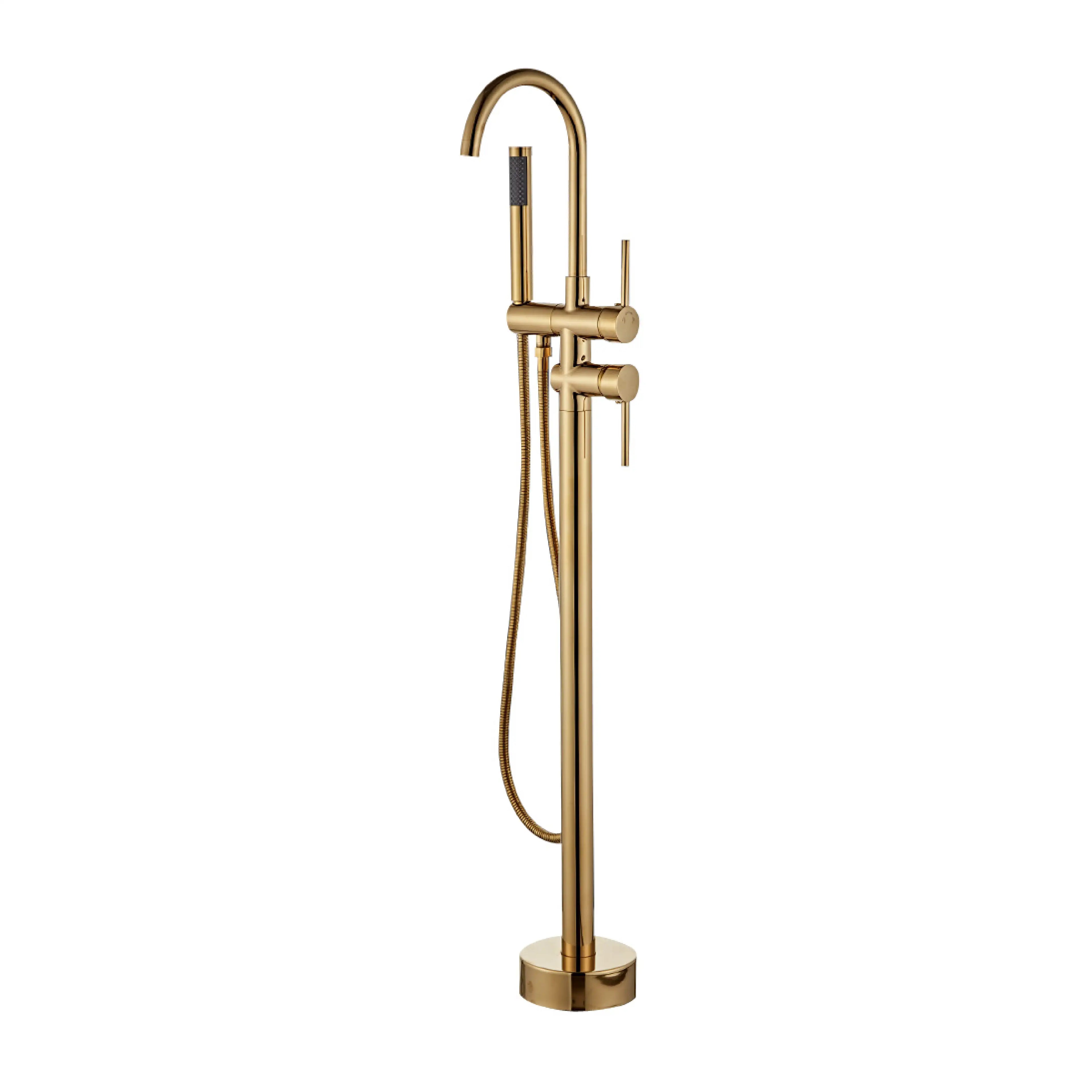 Sanitar ALTA-BTM floor-standing brass bath tub mixer in a luxurious gold finish, featuring a high-arch gooseneck spout, dual pin-style handles, and a matching handheld shower.