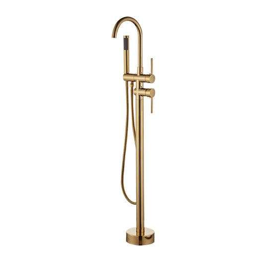 Sanitar ALTA-BTM floor-standing brass bath tub mixer in a luxurious gold finish, featuring a high-arch gooseneck spout, dual pin-style handles, and a matching handheld shower.